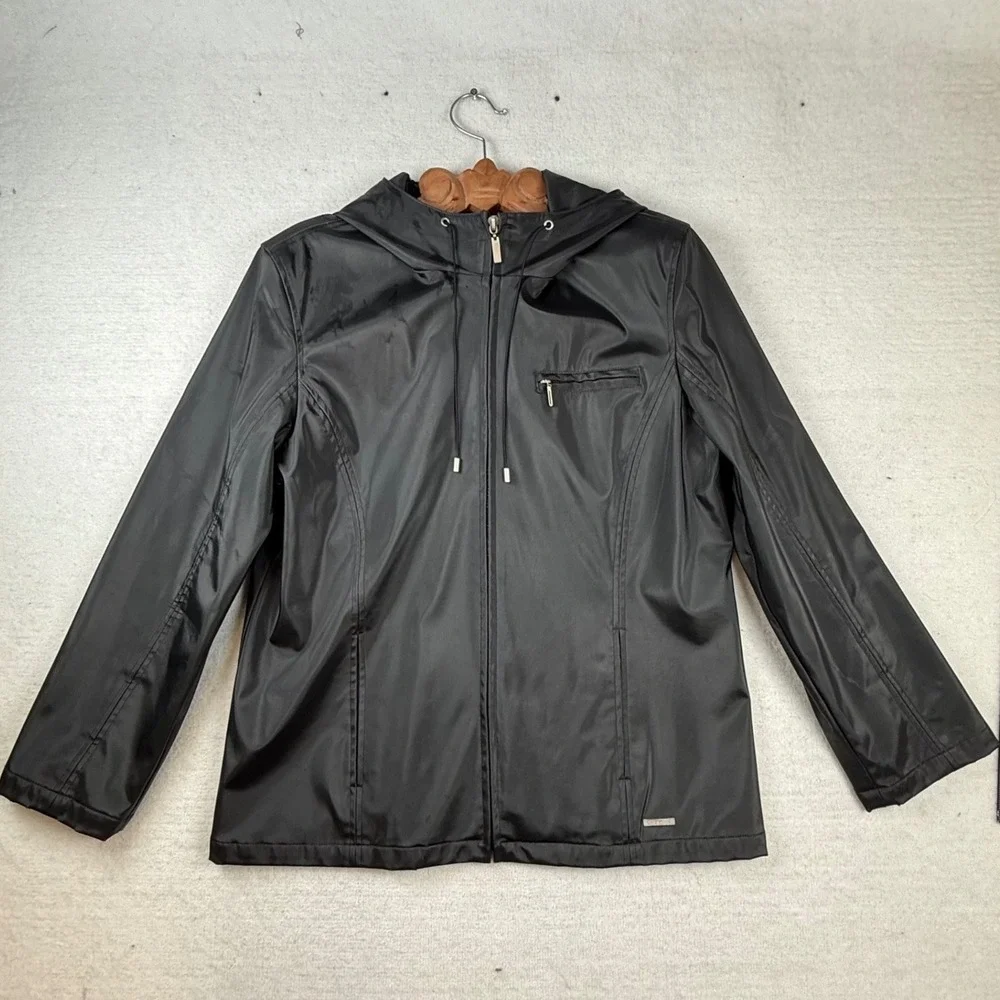 Outbrook Womens Black Hooded Rain Jacket Full Zip Windbreaker L 12/14 gorpcore